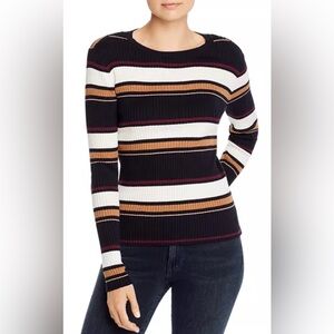 Frame Black White Multi Striped Rib-Knit Crewneck Sweater